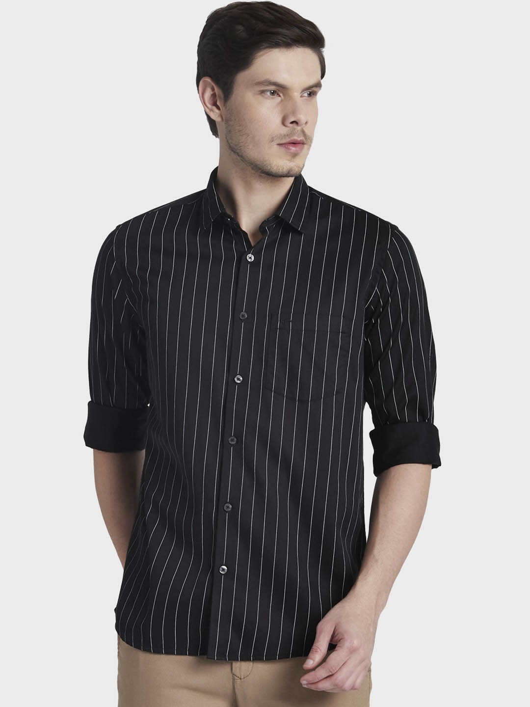 

ColorPlus Men Black & Off-White Tailored Fit Striped Casual Shirt