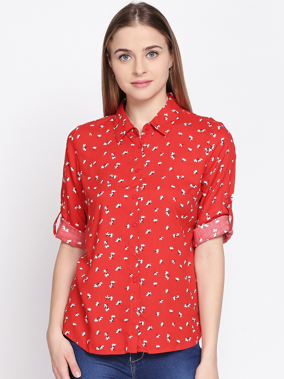 

Honey by Pantaloons Women Red Printed Shirt Style Denim Top