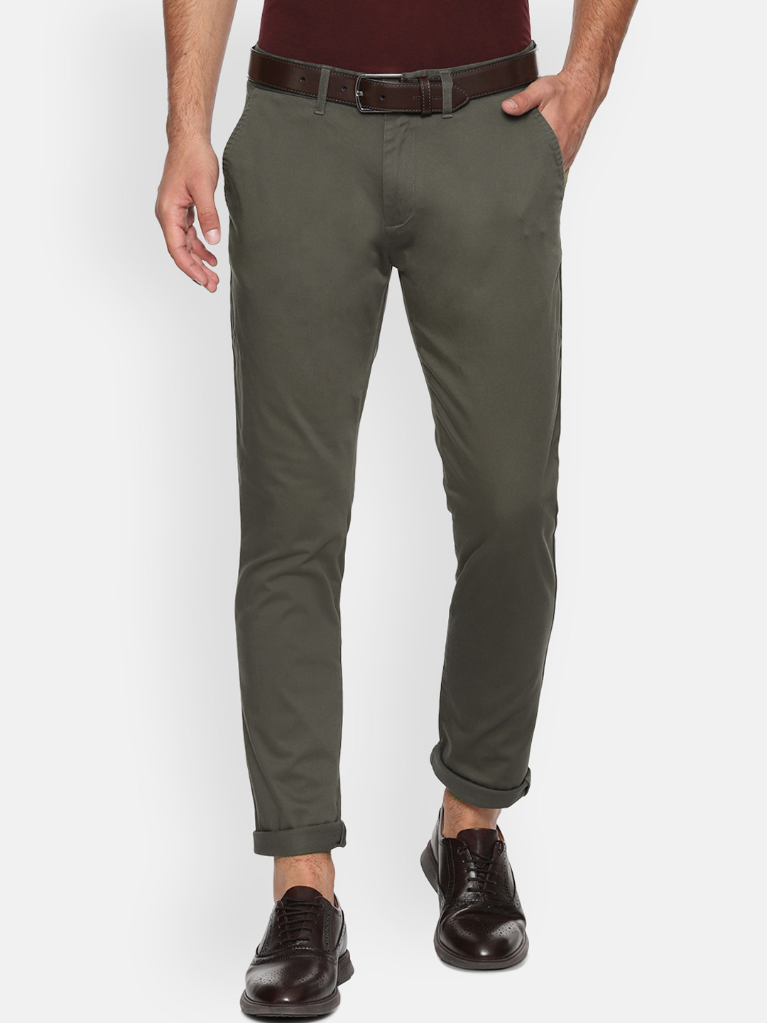 

People Men Olive Green Solid Regular Fit Regular Trousers