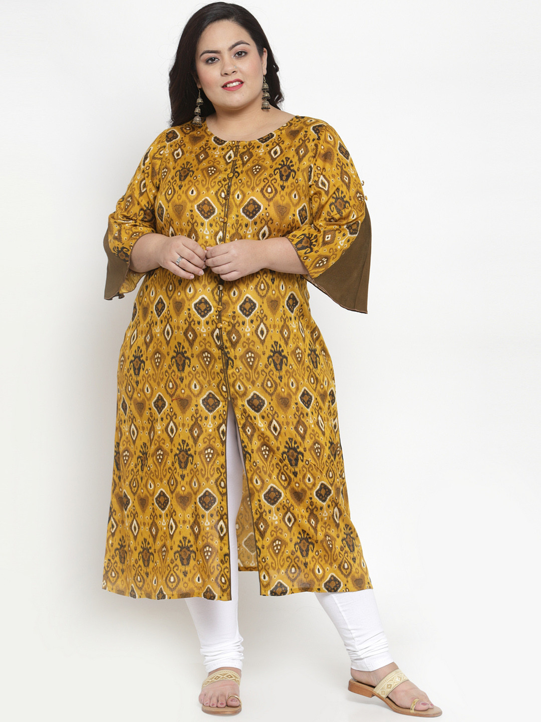 

plusS Women Mustard Yellow & Brown Printed Straight Kurta
