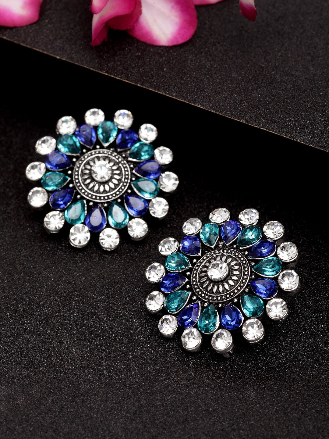 

Moedbuille Silver Plated Handcrafted Floral Studs, Blue
