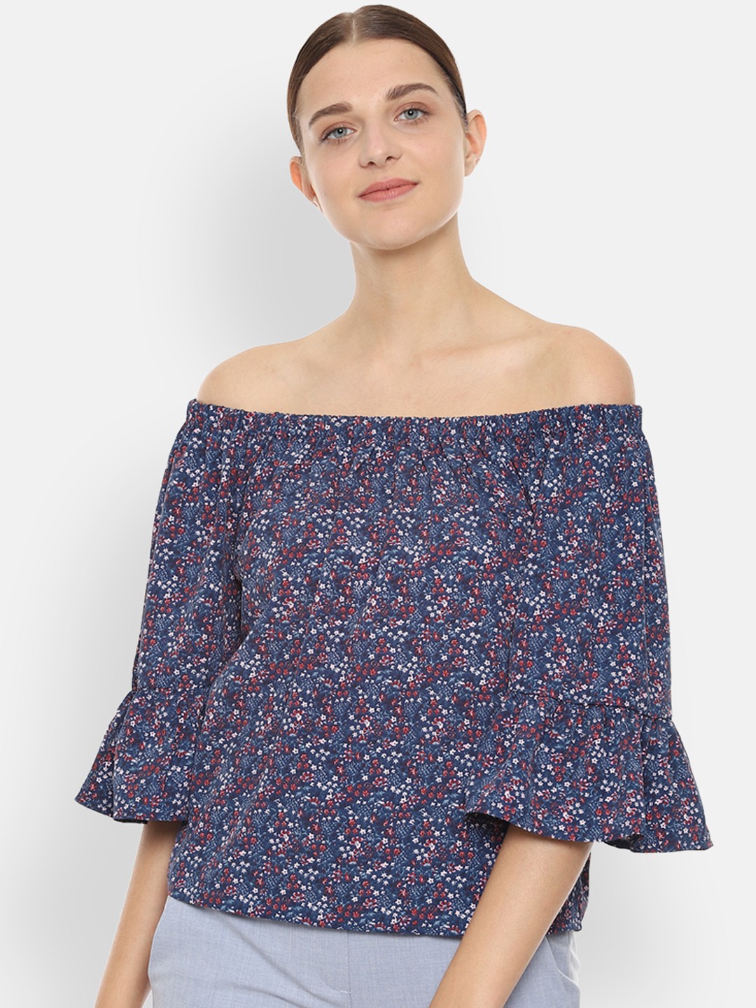 

Van Heusen Woman Navy Blue Printed Bardot Top