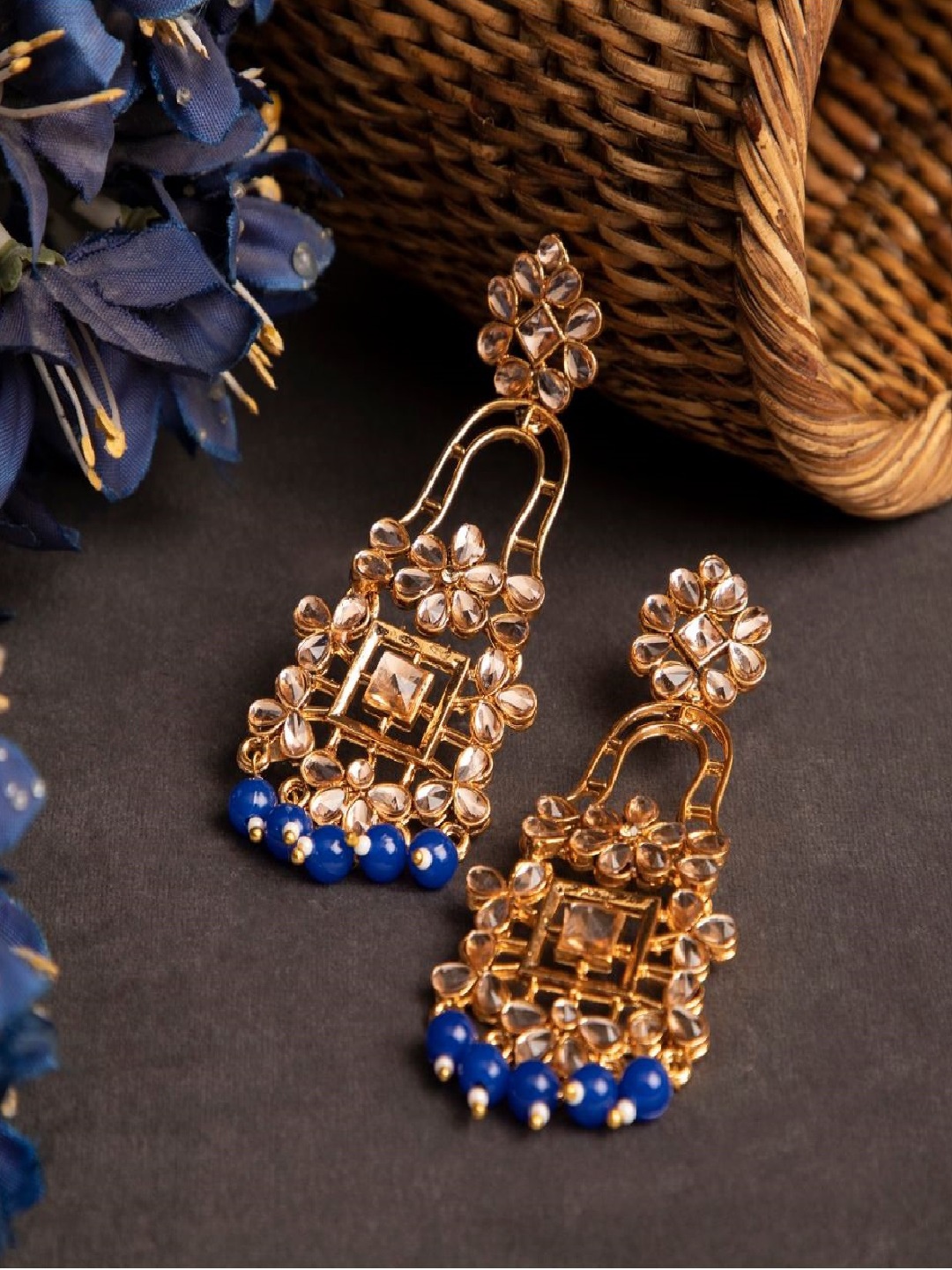 

ANIKAS CREATION Gold-Plated & Blue Classic Drop Earrings
