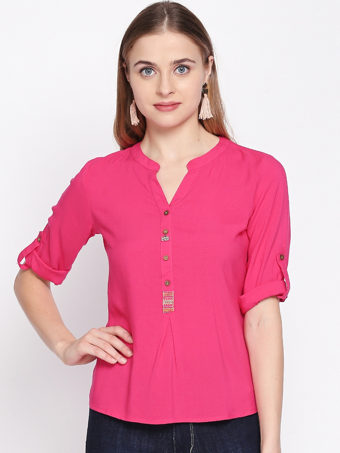 AKKRITI BY PANTALOONS Women Fuchsia Self Design Shirt Style Top