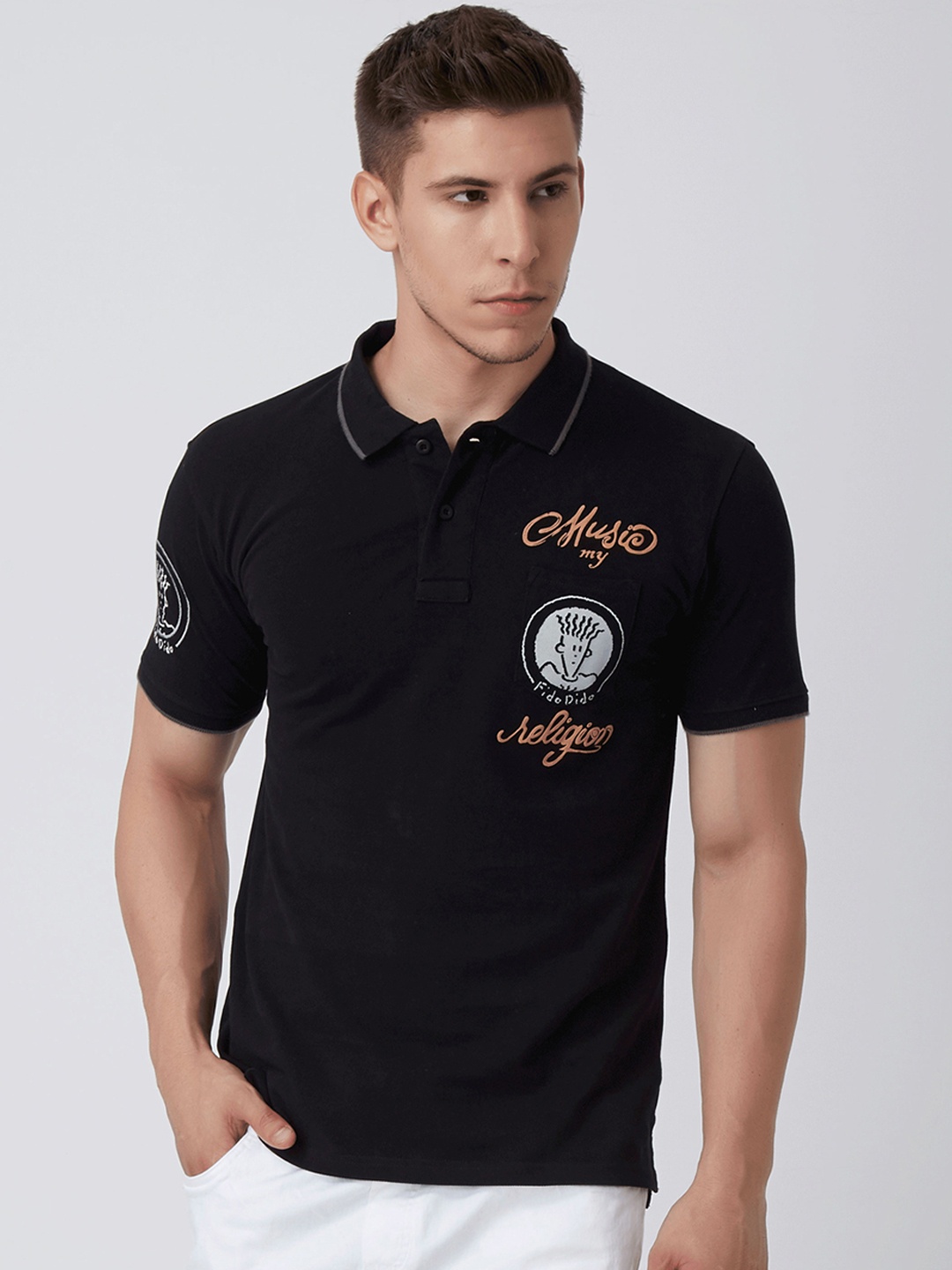 

FIDO DIDO Men Black Printed Polo Collar Pure Cotton T-shirt