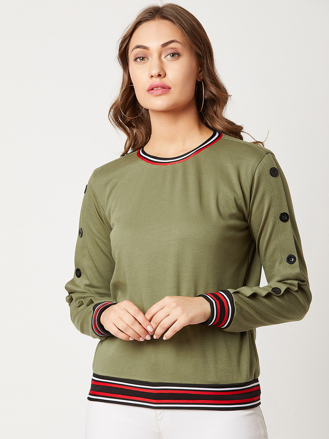 

Miss Chase Women Olive Green Solid Sweatshirt