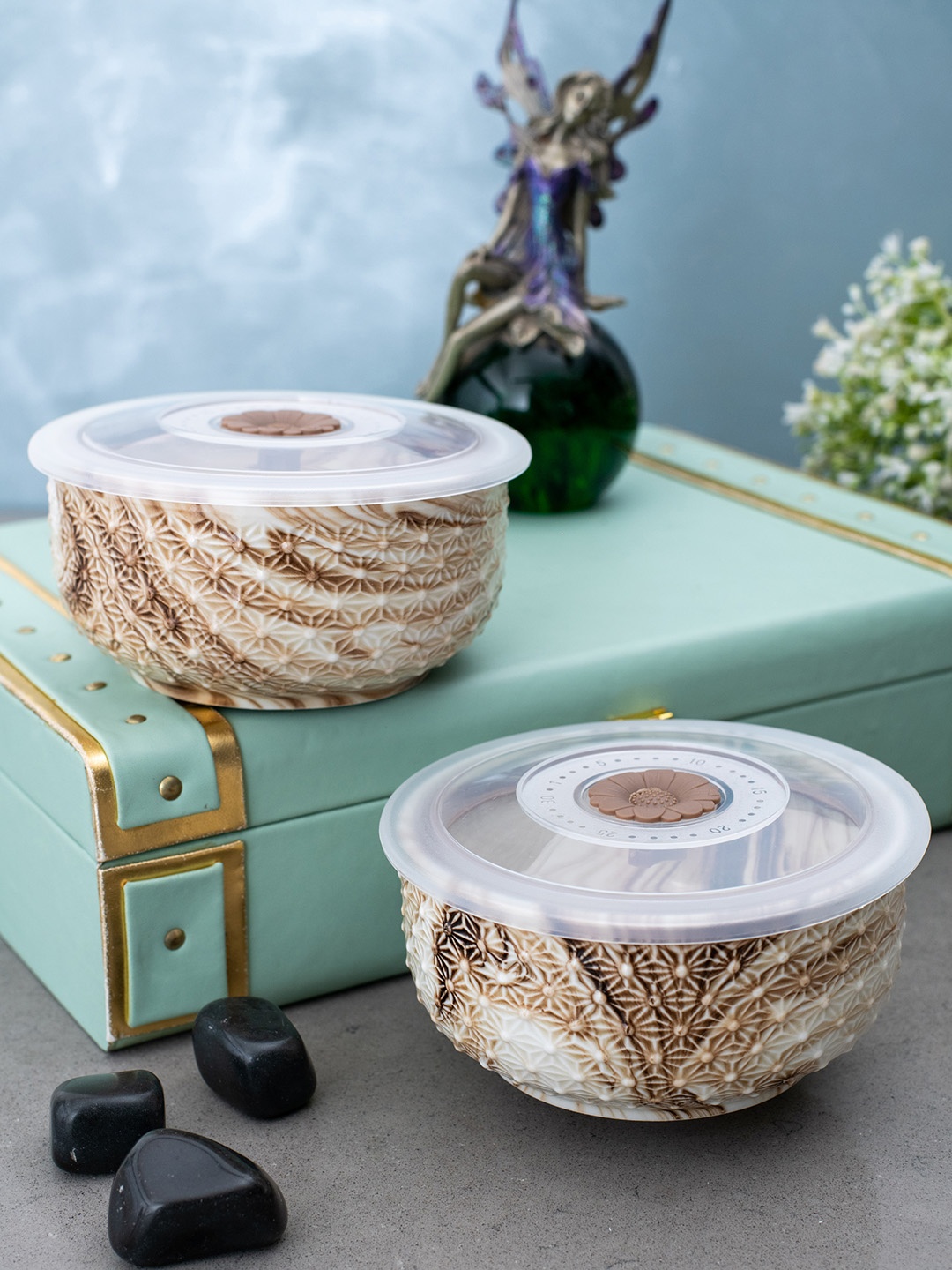 

White Gold Set of 2 Beige Printed Airtight Porcelain Food Containers