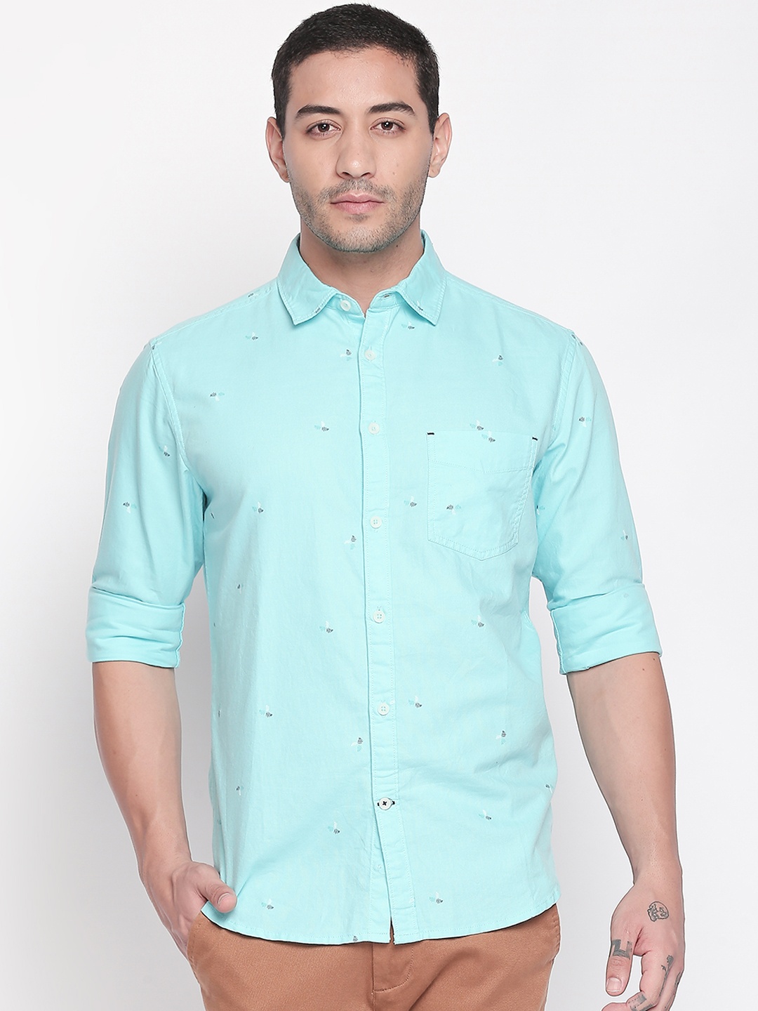 

Urban Ranger by pantaloons Men Turquoise Blue Regular Fit Printed Casual Shirt