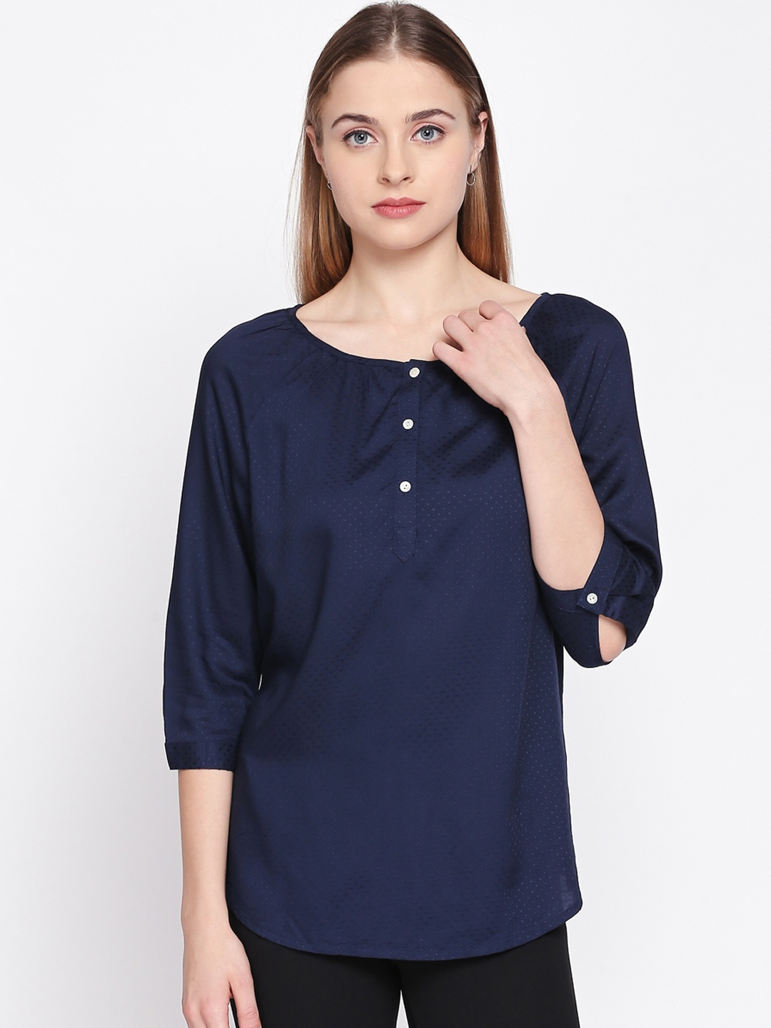 

Honey by Pantaloons Women Navy Blue Self Design Denim Top