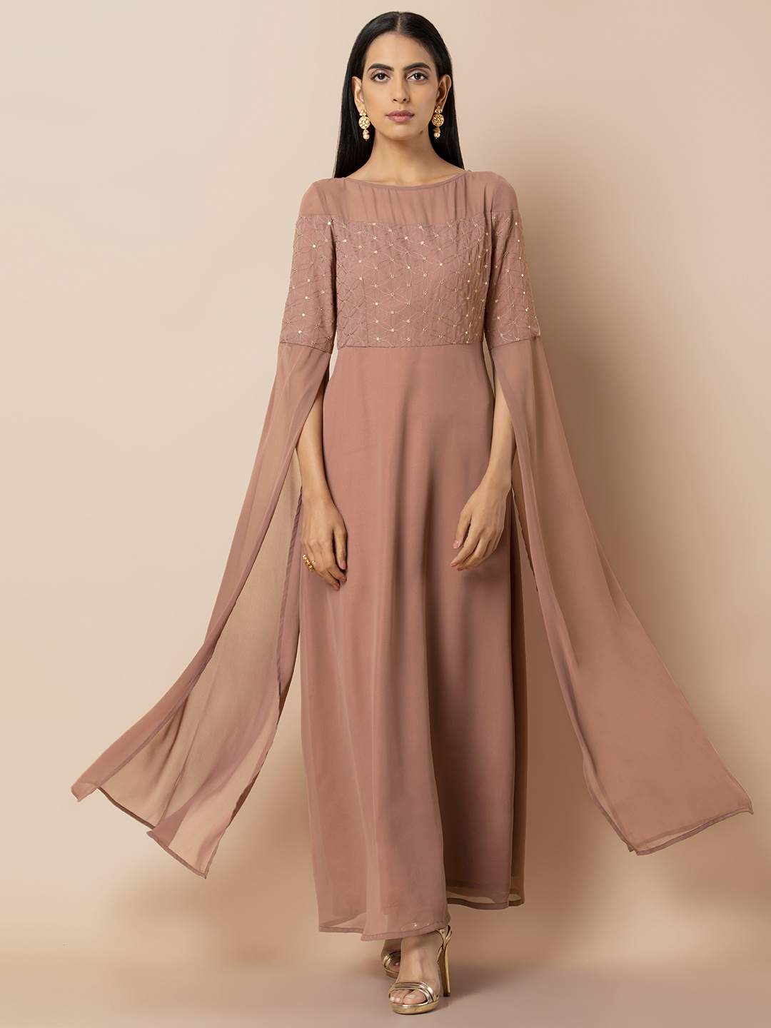 

INDYA Women Rose Pink Dupatta Sleeve Embroidered Maxi Kurta