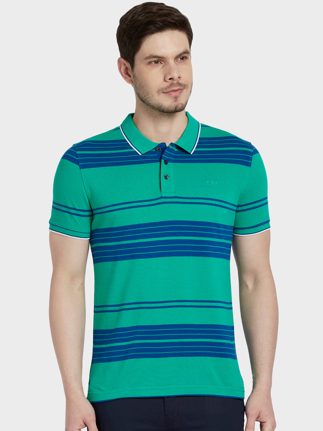 

ColorPlus Men Green & Blue Striped Polo Collar Slim Fit T-shirt