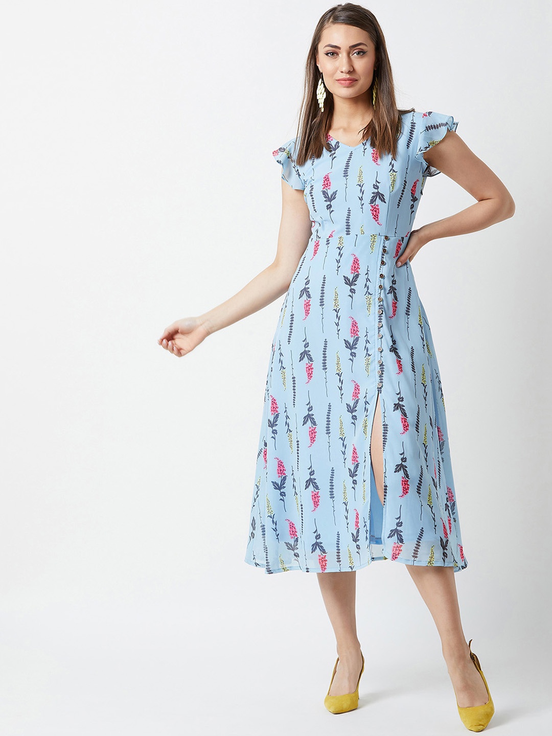 

Miss Chase Women Blue Printed Ruffle Fit and Flare Dress