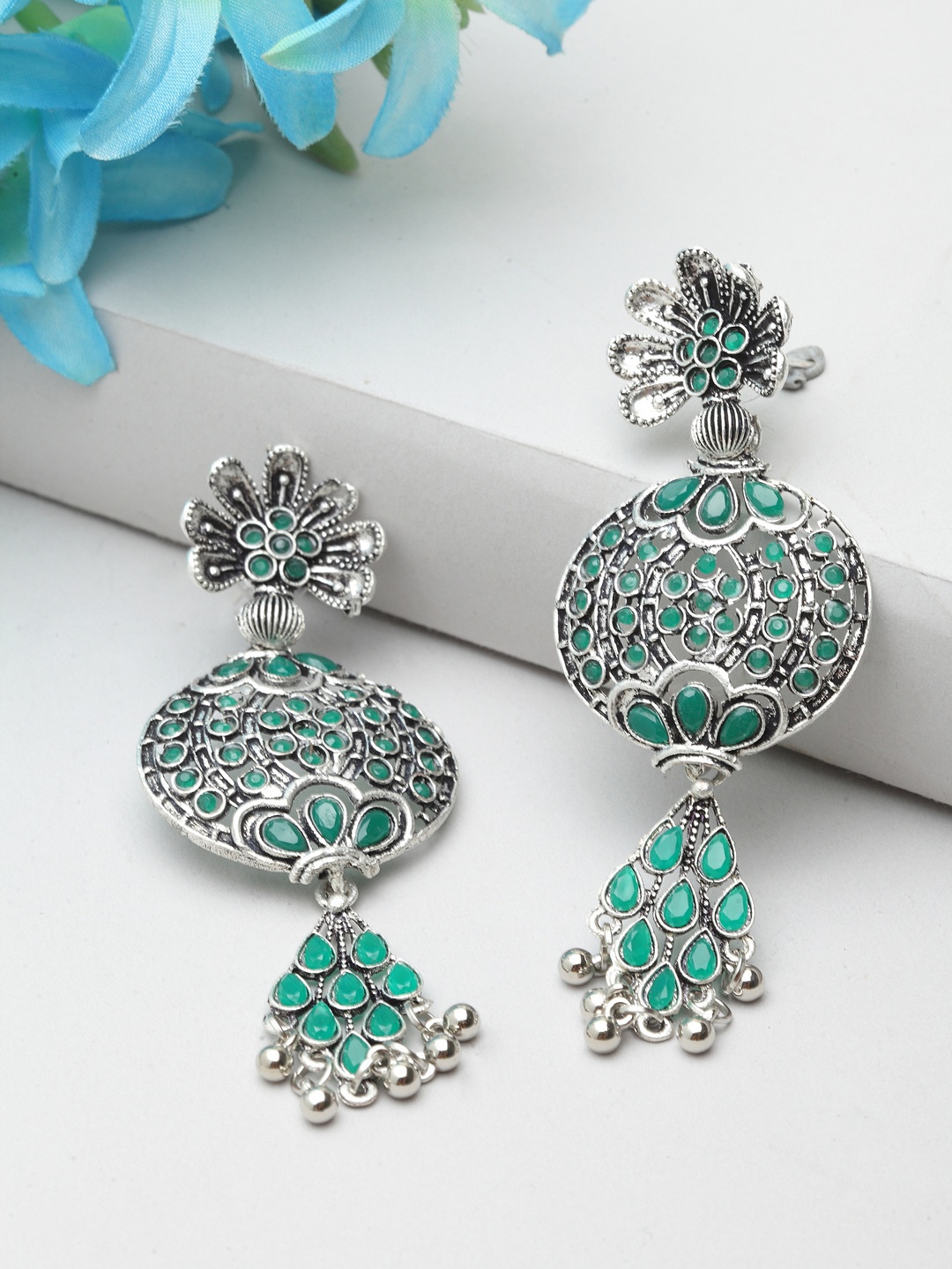 

Moedbuille Silver-Plated & Green Handcrafted Oxidised Floral Drop Earrings