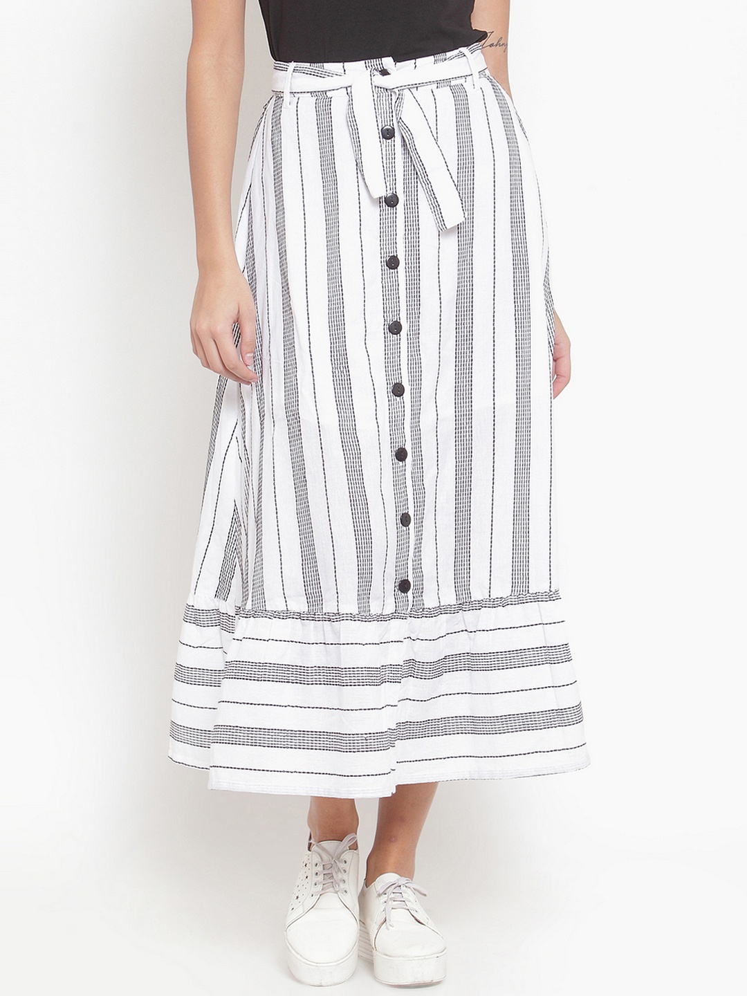 

Purple State Women White & Black Striped Pure Cotton Midi Skirt