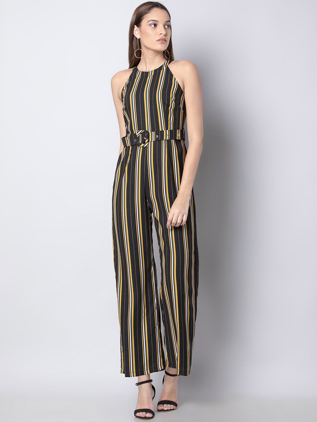 

FabAlley Women Black & Yellow Striped Basic Jumpsuit