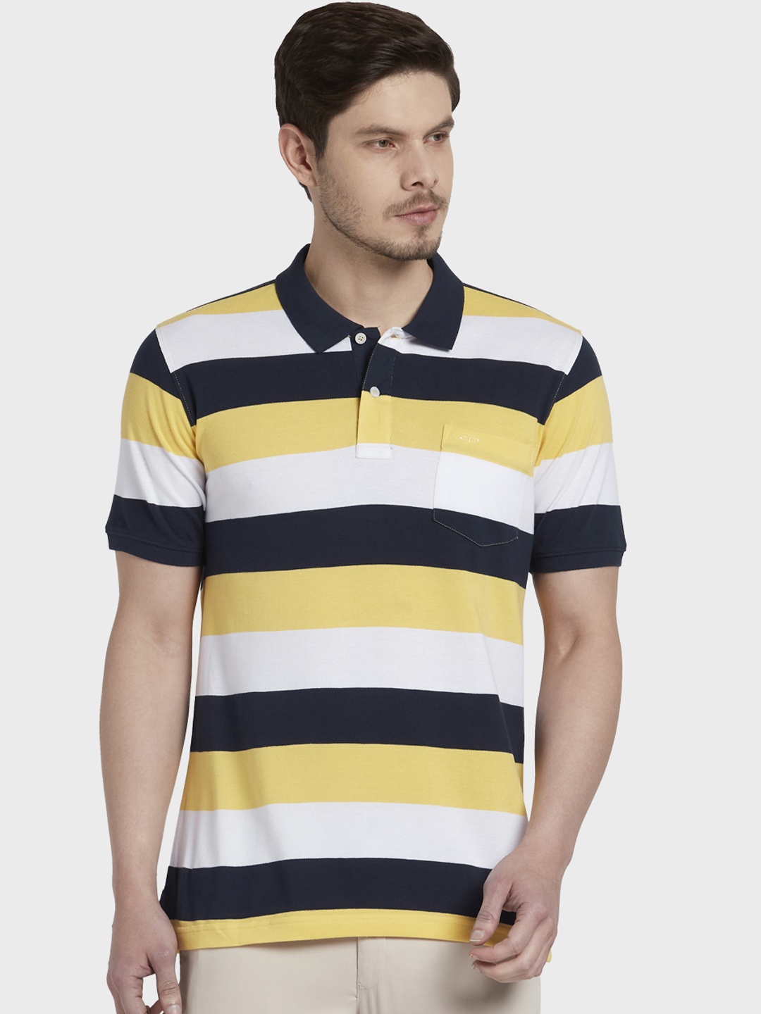 

ColorPlus Men Yellow & Navy Blue Striped Polo Collar T-shirt