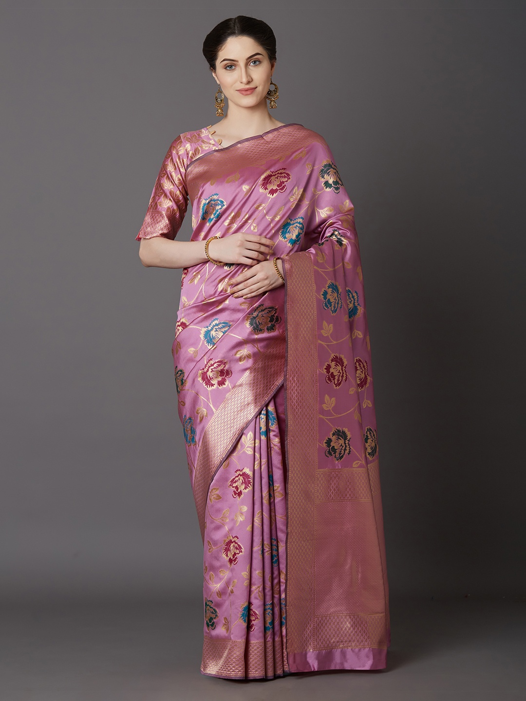 

Mitera Pink Silk Blend Woven Design Kanjeevaram Saree