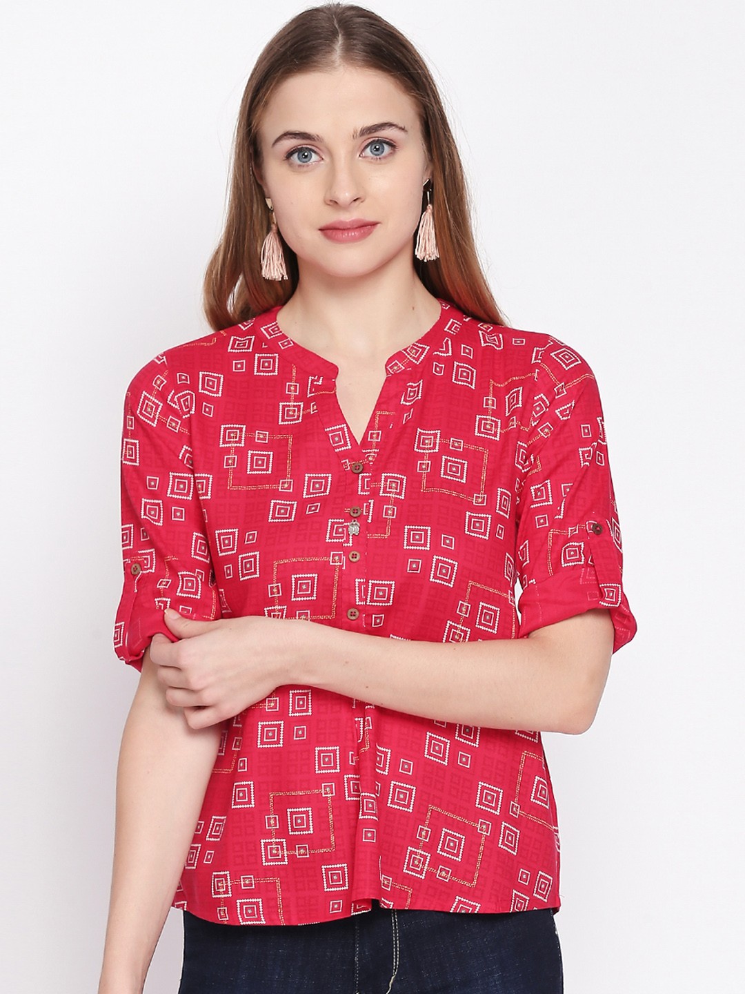 

AKKRITI BY PANTALOONS Women Fuchsia Red & Off-White Printed Shirt Style Top