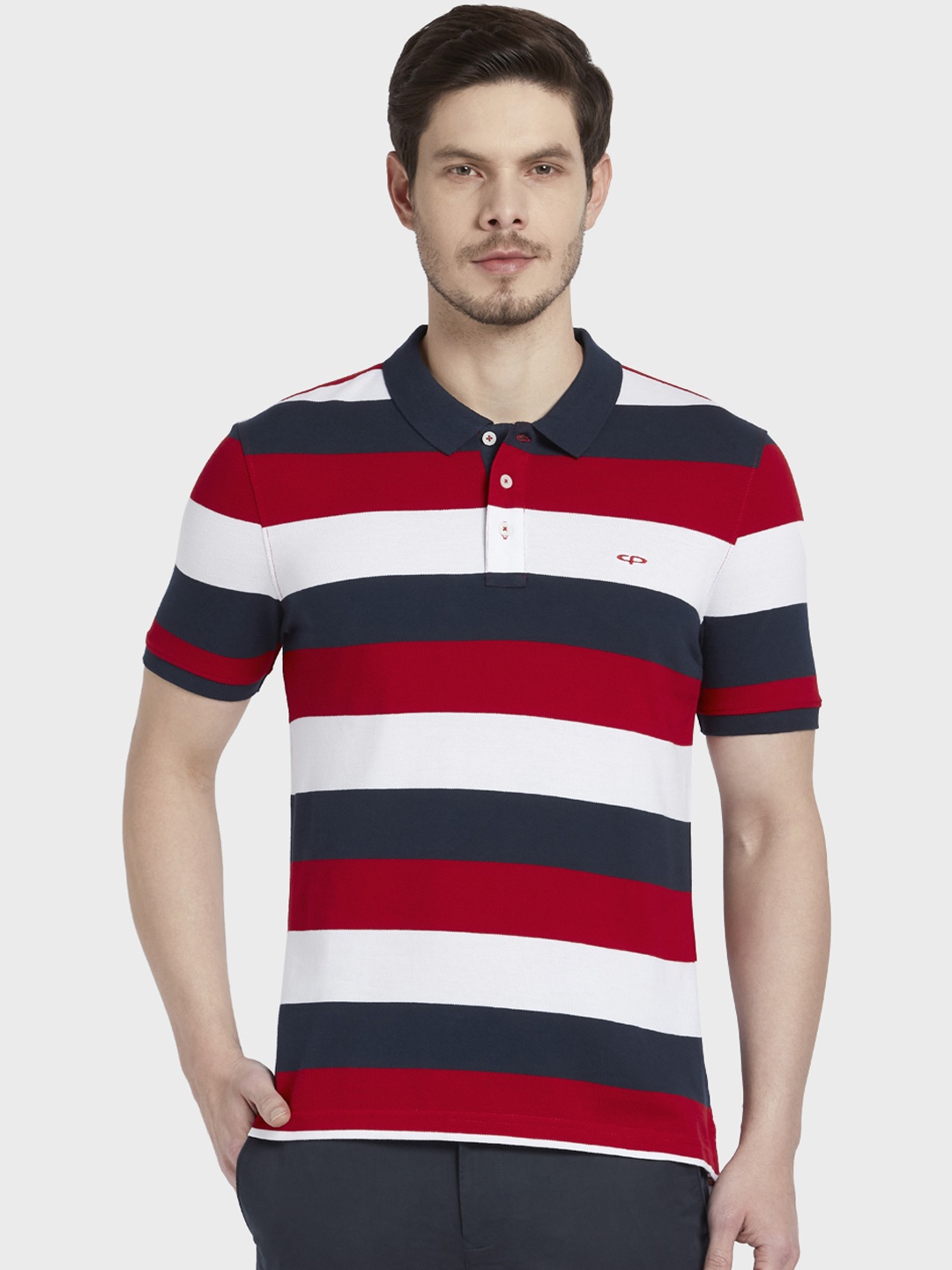 

ColorPlus Men Red & Navy Blue Striped Polo Collar T-shirt