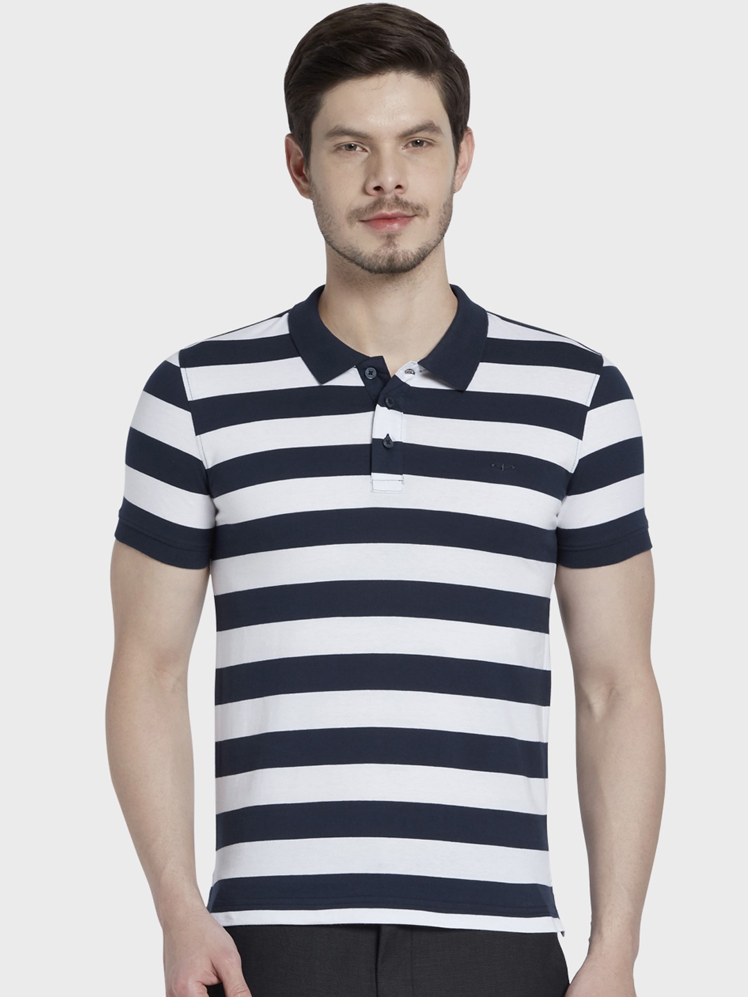 

ColorPlus Men White & Navy Blue Striped Slim Fit Polo Collar T-shirt