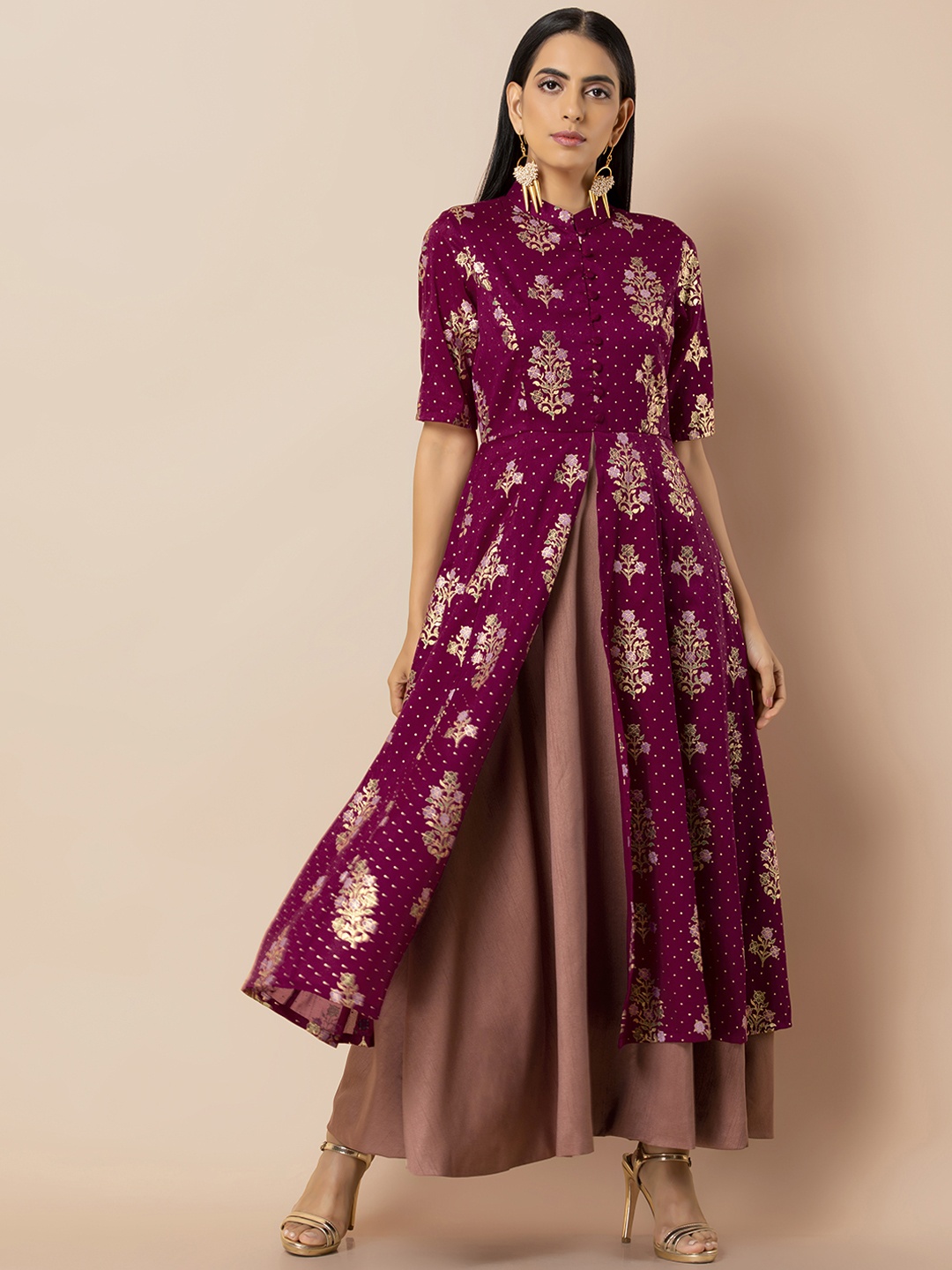 

INDYA Women Wine Rose Foil Ethnic Dress with Attached Skirt, Burgundy