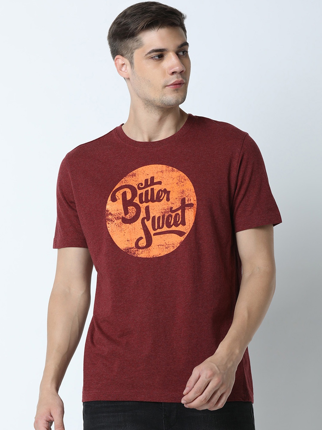 Huetrap Men Maroon Printed Round Neck T-shirt