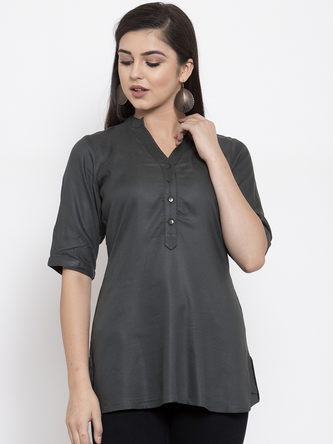 

Ayaany Women Charcoal Grey Solid Shirt Style Pure Cotton Top