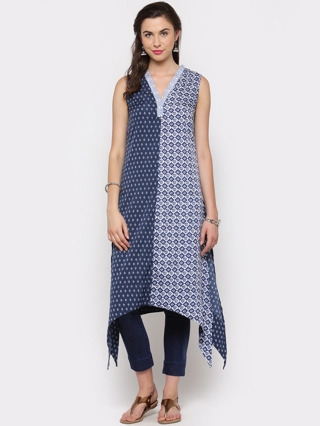 

Sera Women Blue & Off-White Printed Asymmetric Hemline A-Line Kurta