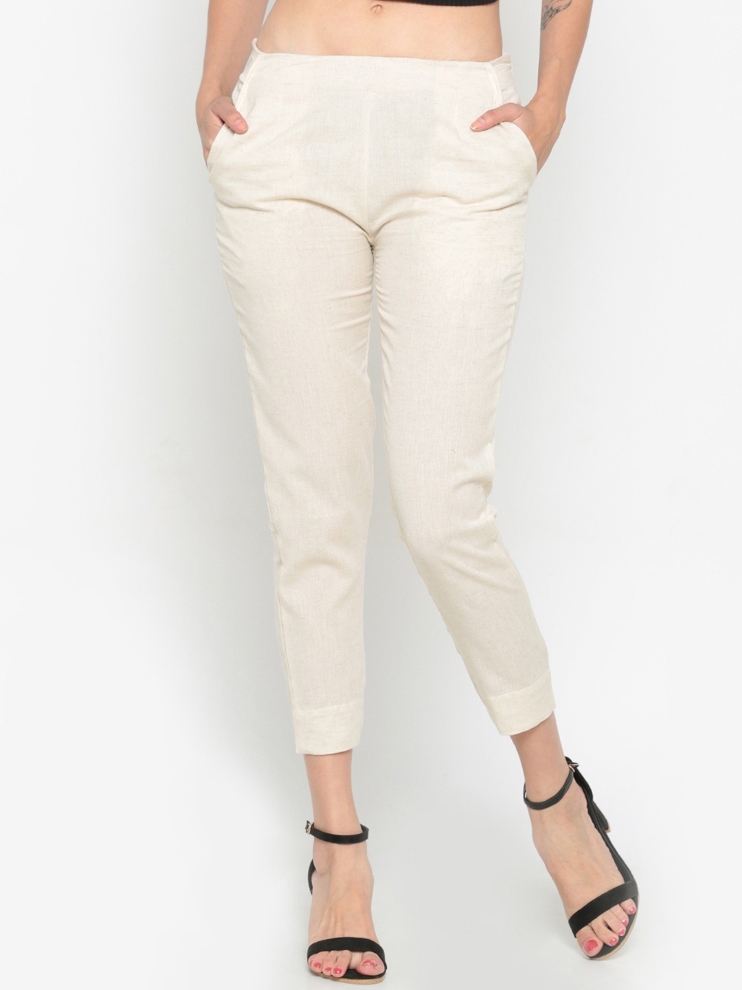

De Moza Women Beige Straight Fit Solid Cigarette Trousers