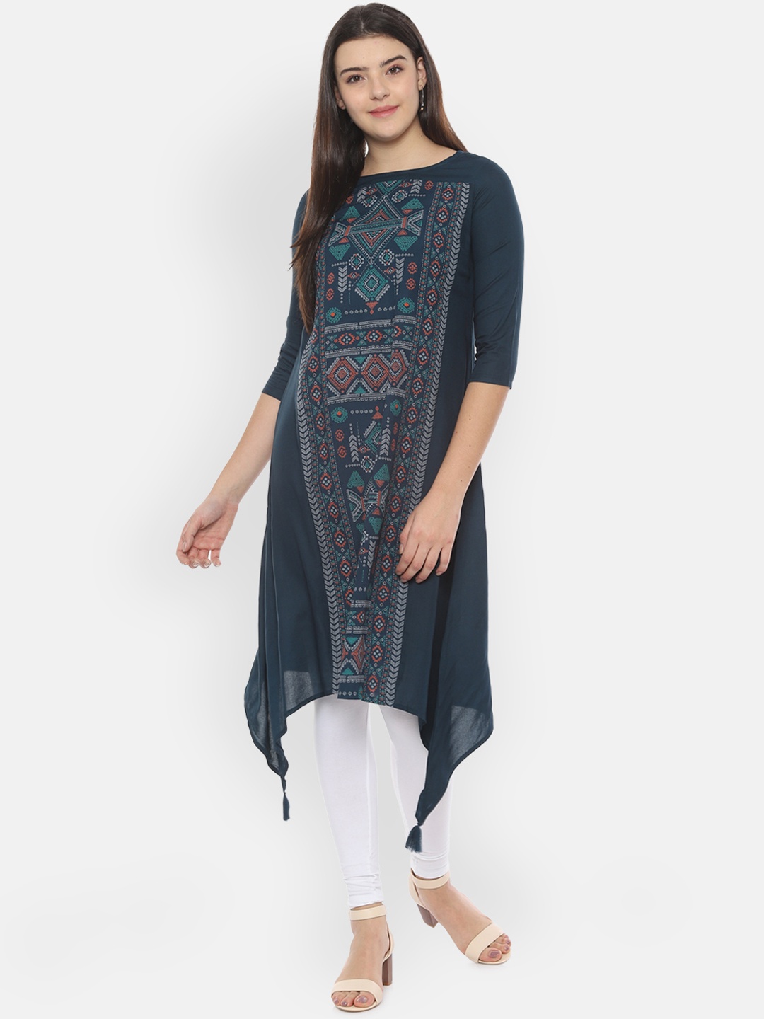 

People Women Blue Printed A-Line Kurta