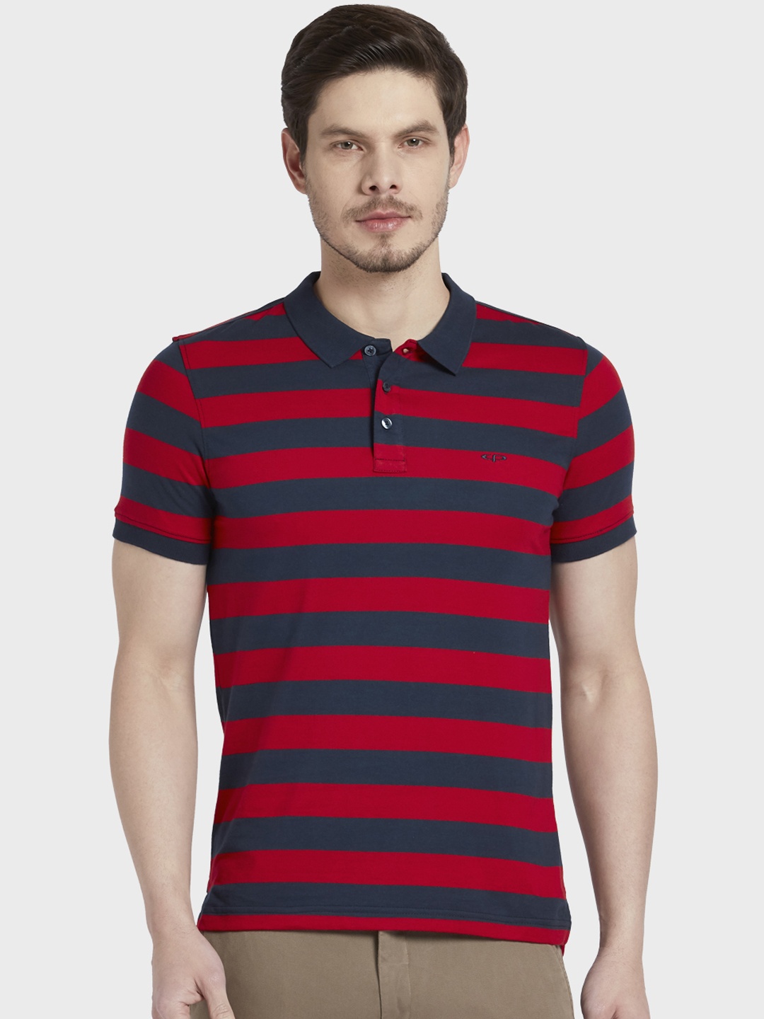 

ColorPlus Men Red & Navy Blue Striped Polo Collar T-shirt