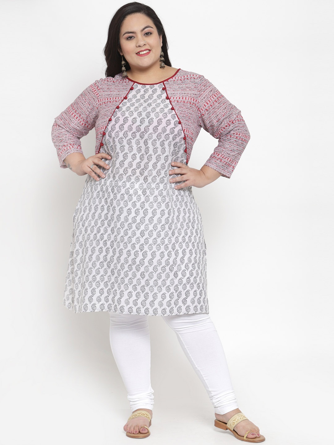 

plusS Women White & Black Printed Straight Kurta