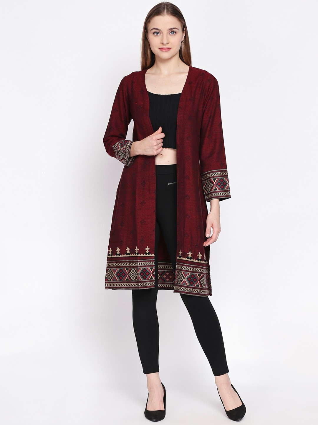 

AKKRITI BY PANTALOONS Women Maroon Self-Design Open Front Shrug