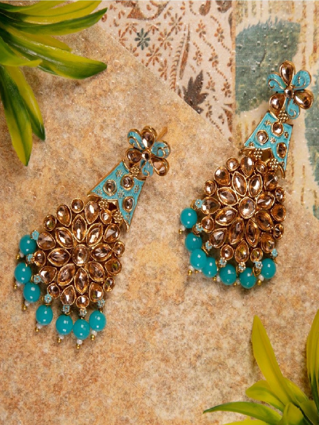 

ANIKAS CREATION Gold-Plated & Turquoise Blue Floral Drop Earrings