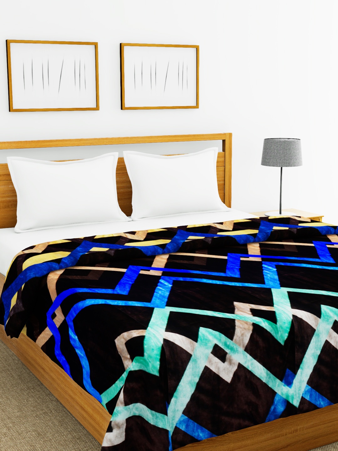 

BIANCA Black & Blue Geometric AC Room 250 GSM Double Bed Blanket