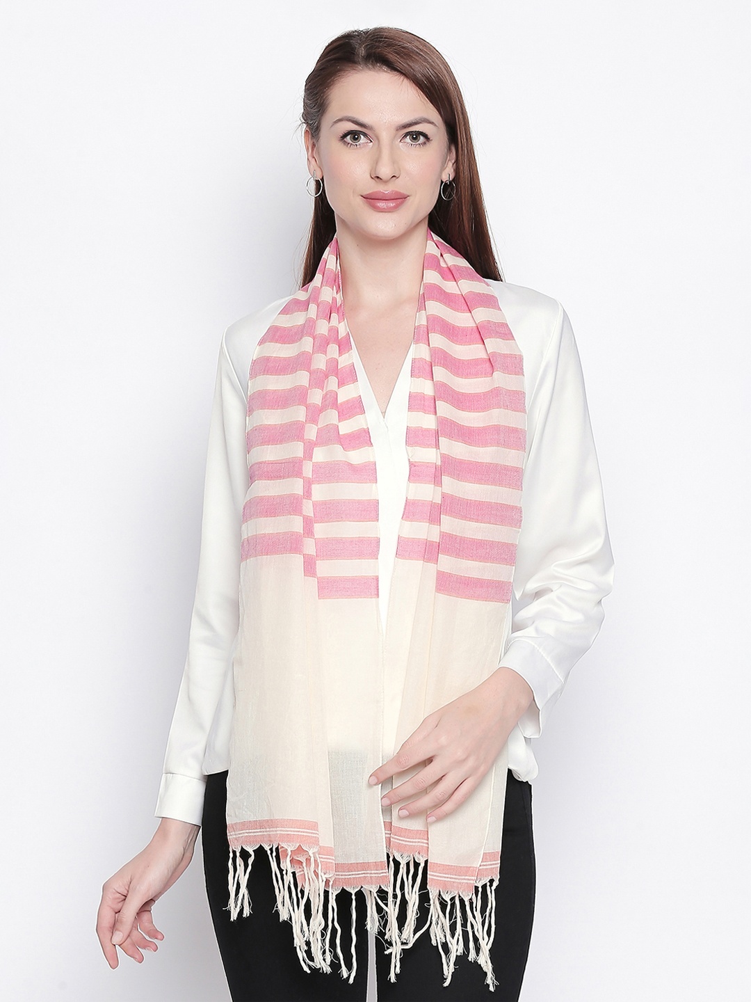 Style Quotient Women Off-White & Pink Striped Stole