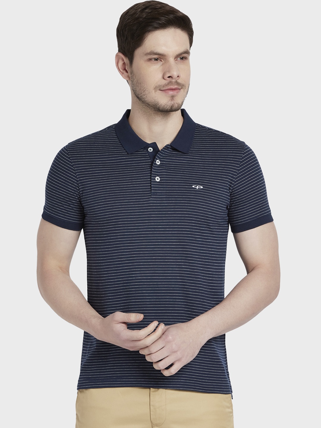 

ColorPlus Men Navy Blue & White Striped Slim Fit Polo Collar T-shirt
