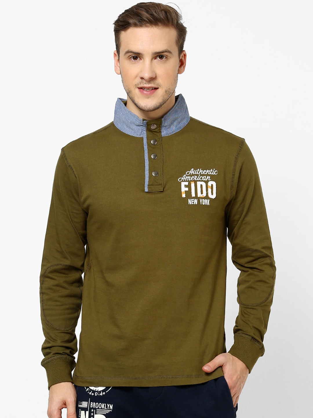 

FIDO DIDO Men Olive Green Printed High Neck Pure Cotton T-shirt