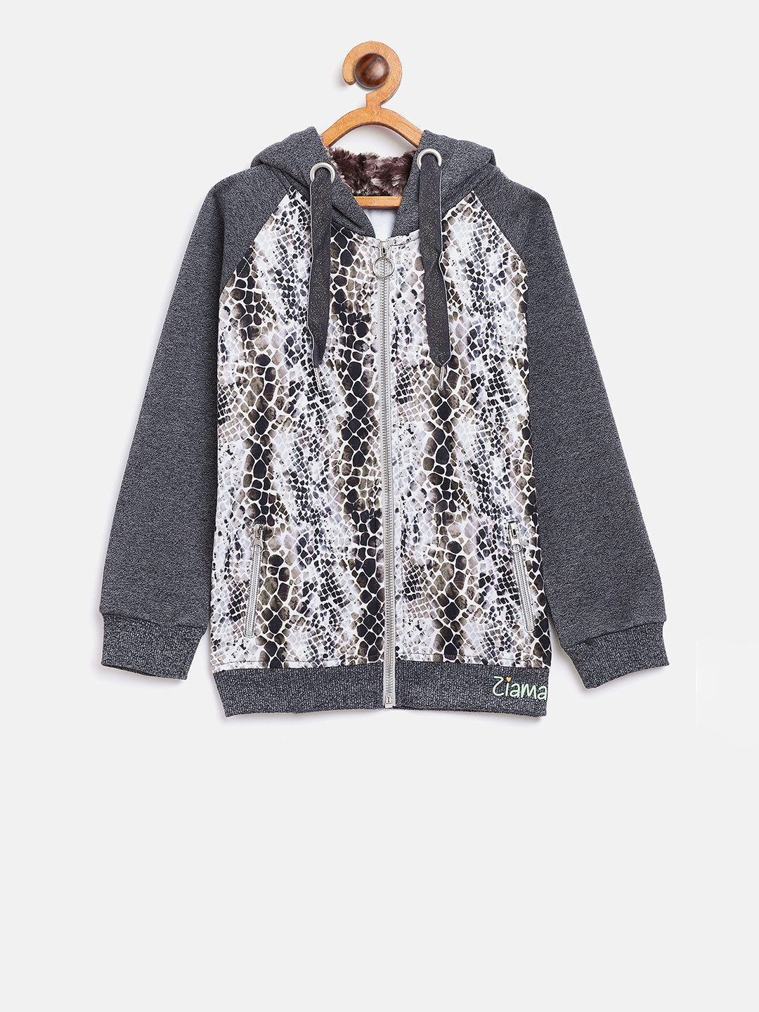 

Ziama Girls Grey & White Printed Hooded Sweatshirt