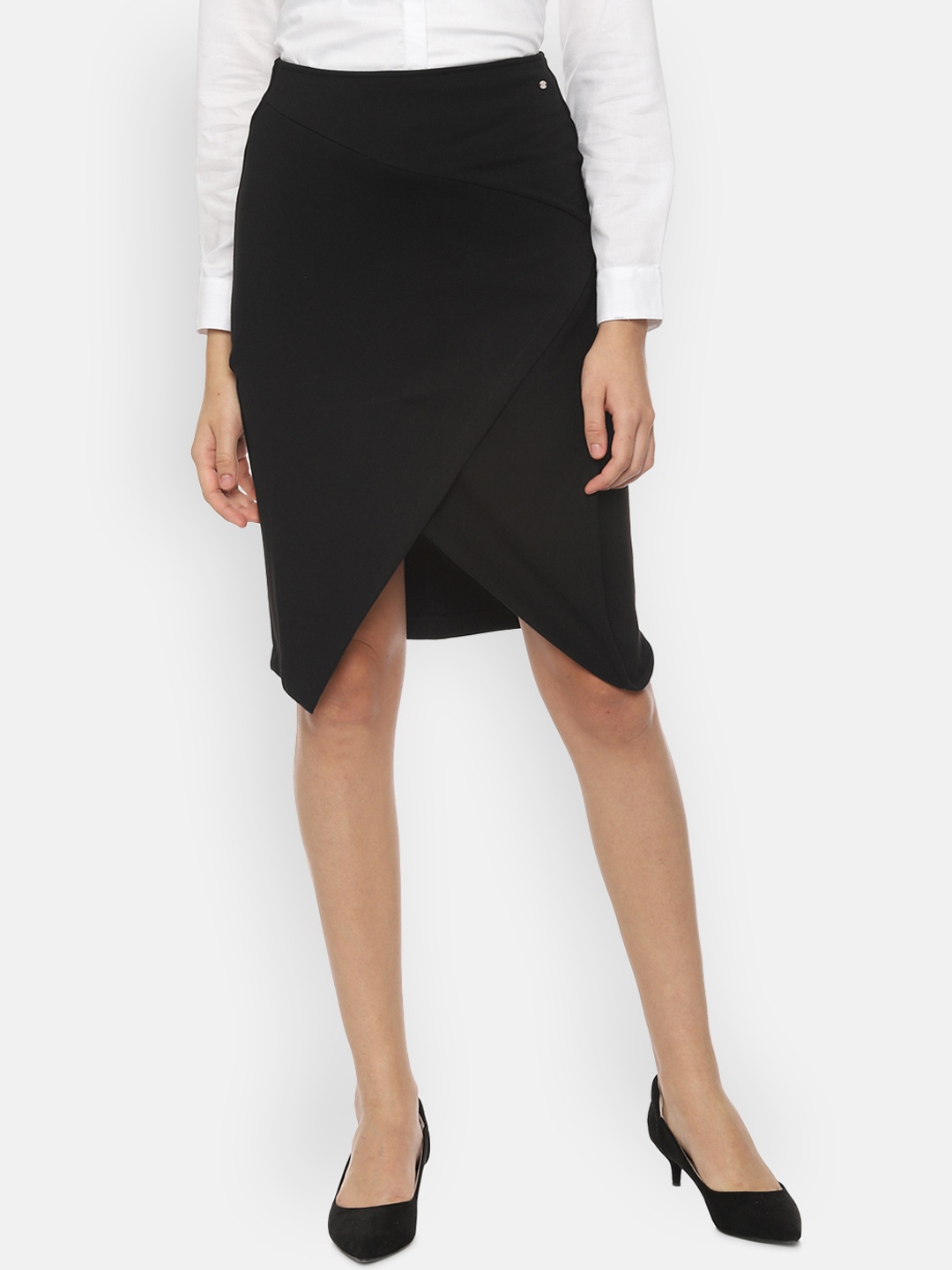 Allen Solly Women Black Solid Knee-Length Wrap Skirt