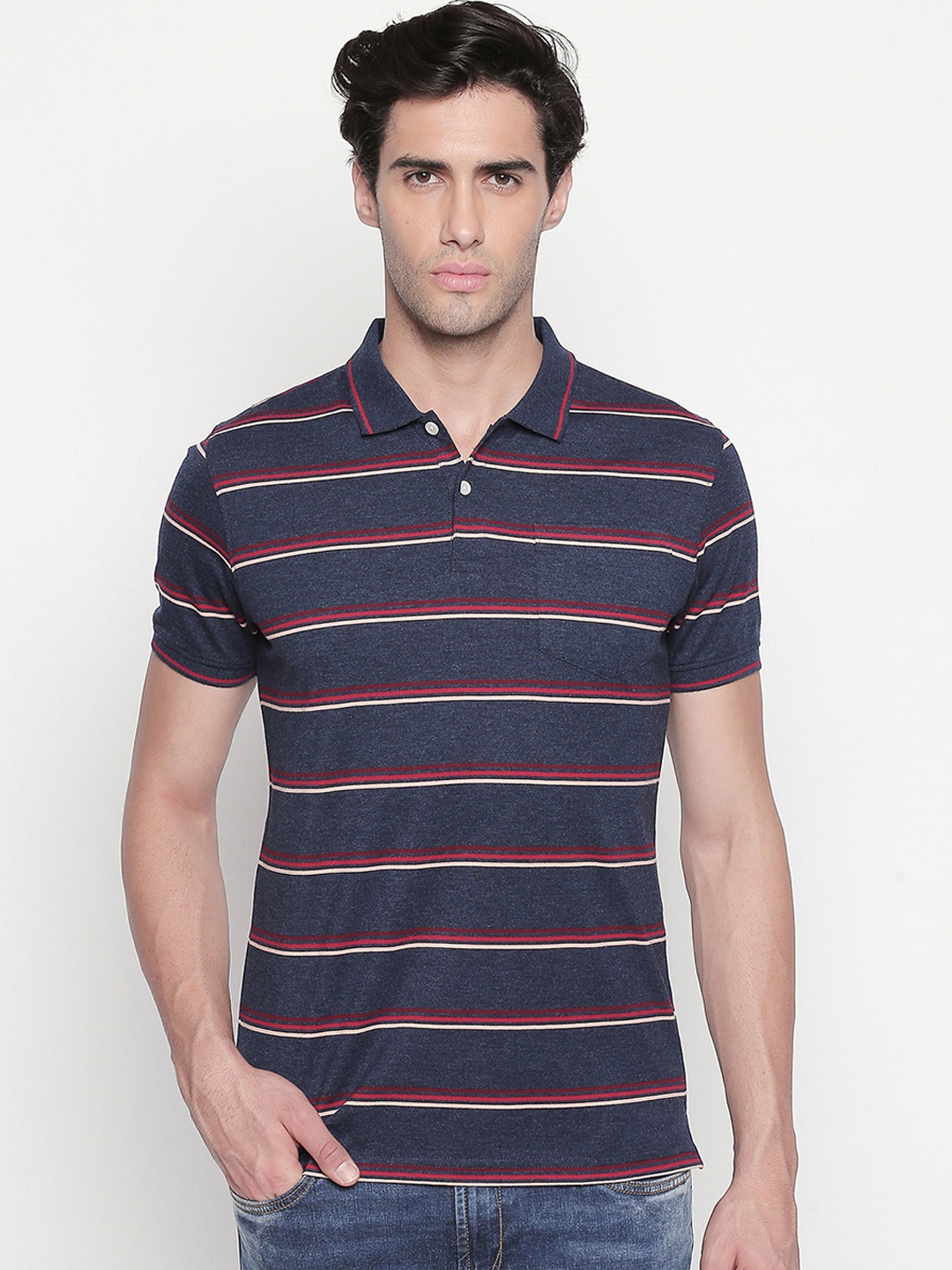 

BYFORD by Pantaloons Men Navy Blue Striped Polo Collar T-shirt