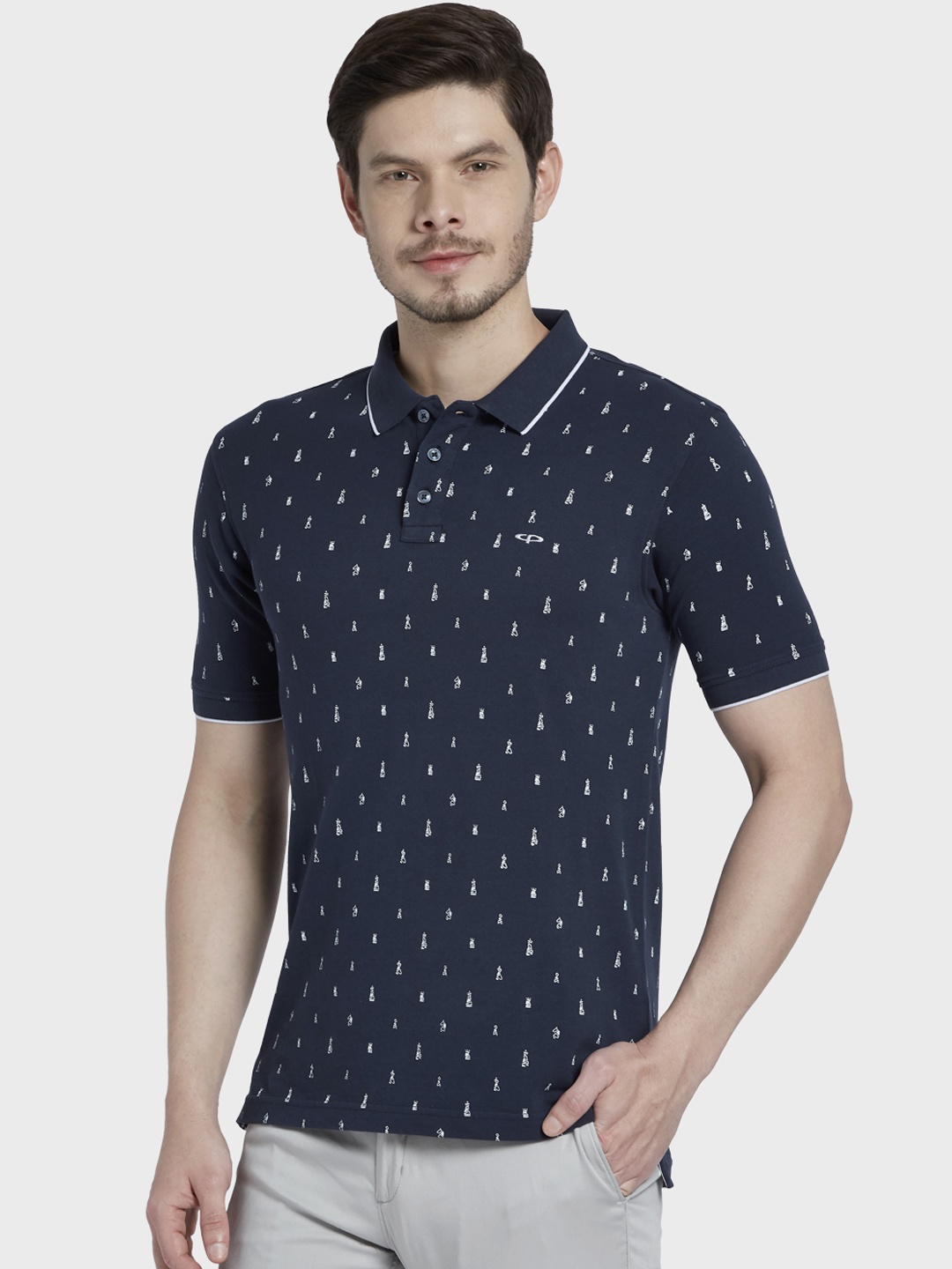 

ColorPlus Men Navy Blue & White Printed Slim Fit Polo Collar T-shirt