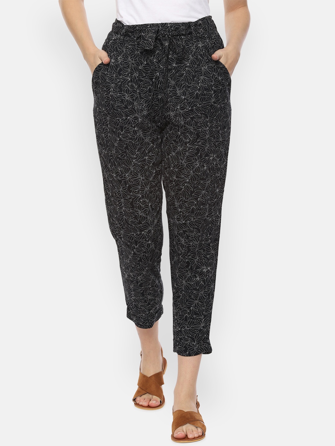 

People Women Black Regular Fit Printed Peg Trousers