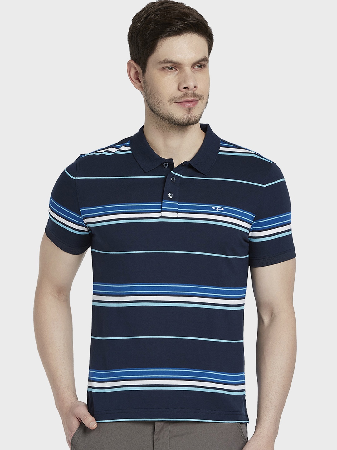 

ColorPlus Men Navy Blue & Green Striped Polo Collar T-shirt