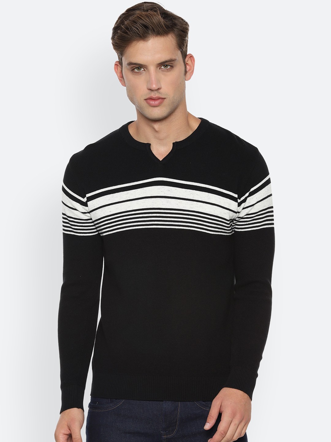 

People Men Black & White Striped Pullover Sweater