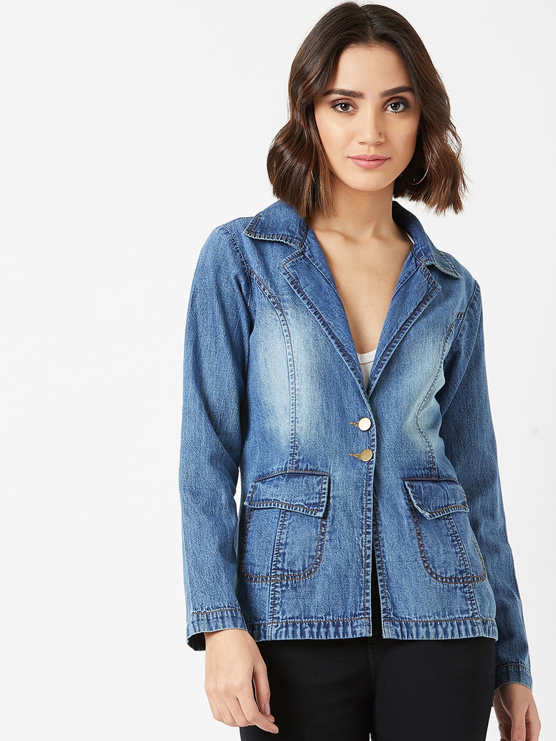 

Miss Chase Women Blue Solid Washed Denim Jacket
