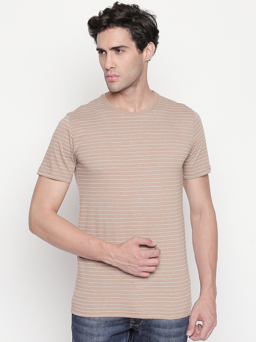 

BYFORD by Pantaloons Men Khaki Striped Round Neck T-shirt