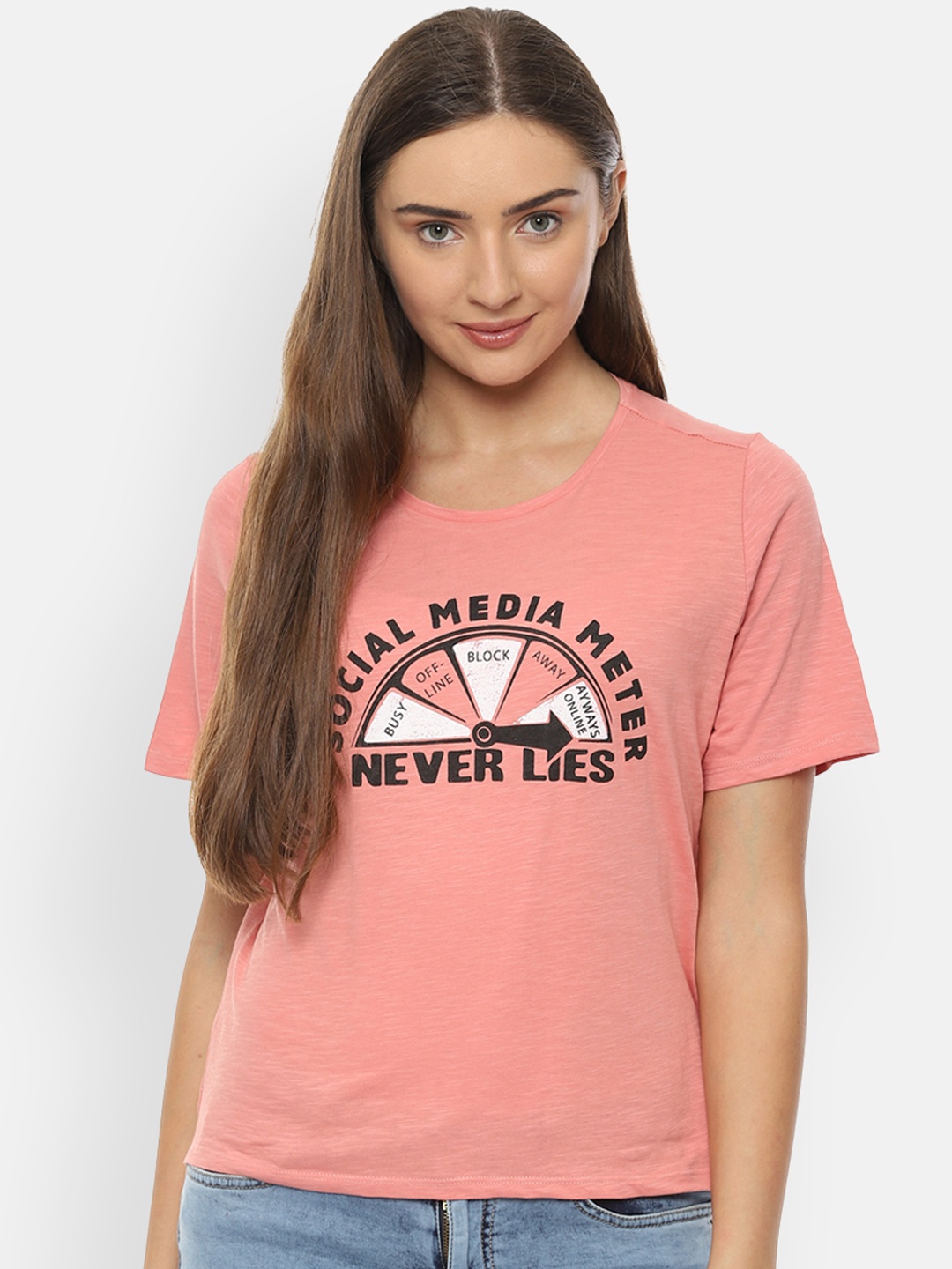 

People Women Peach-Coloured Printed Round Neck Pure Cotton T-shirt