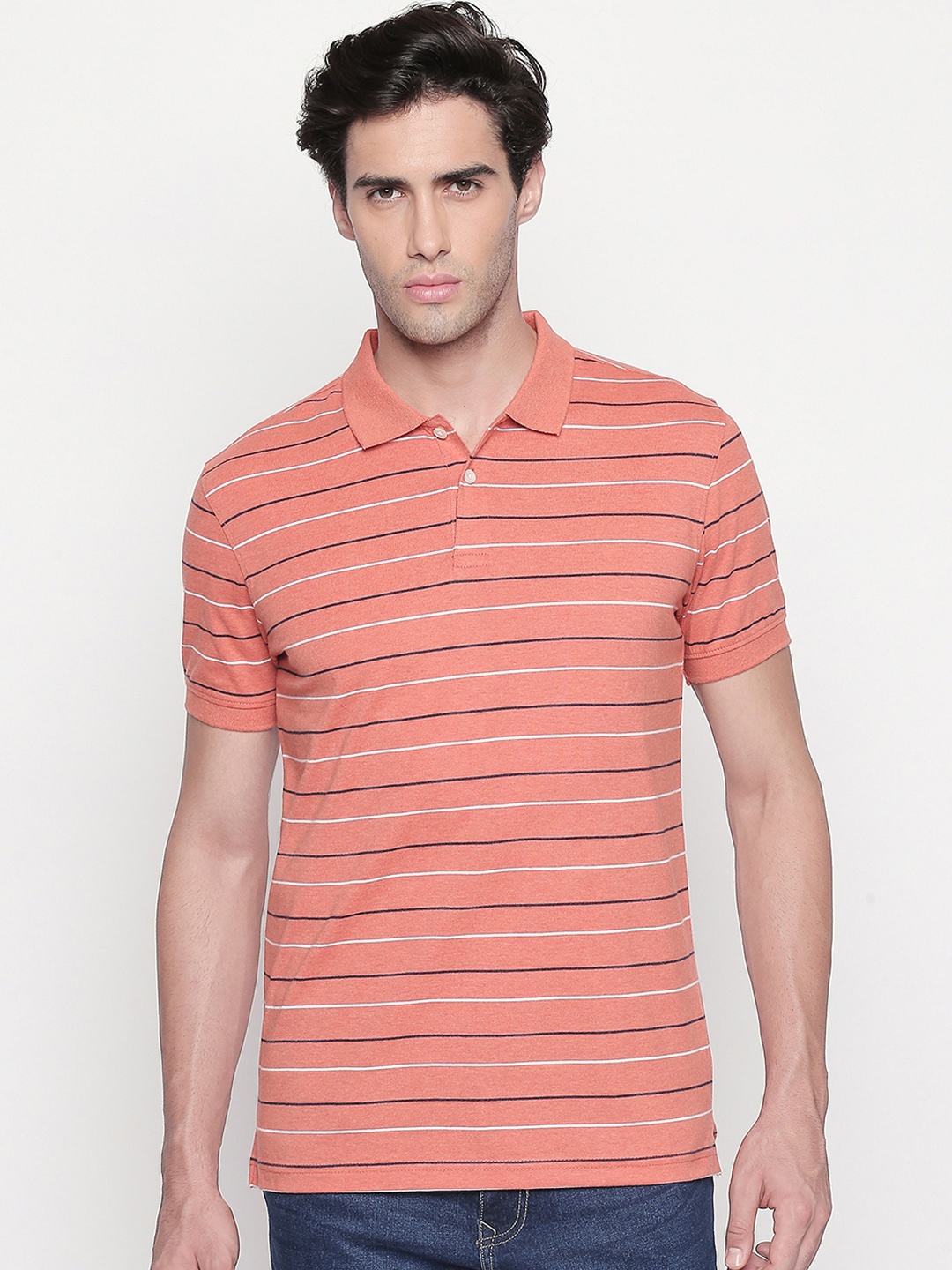 

BYFORD by Pantaloons Men Orange Striped Polo Collar T-shirt
