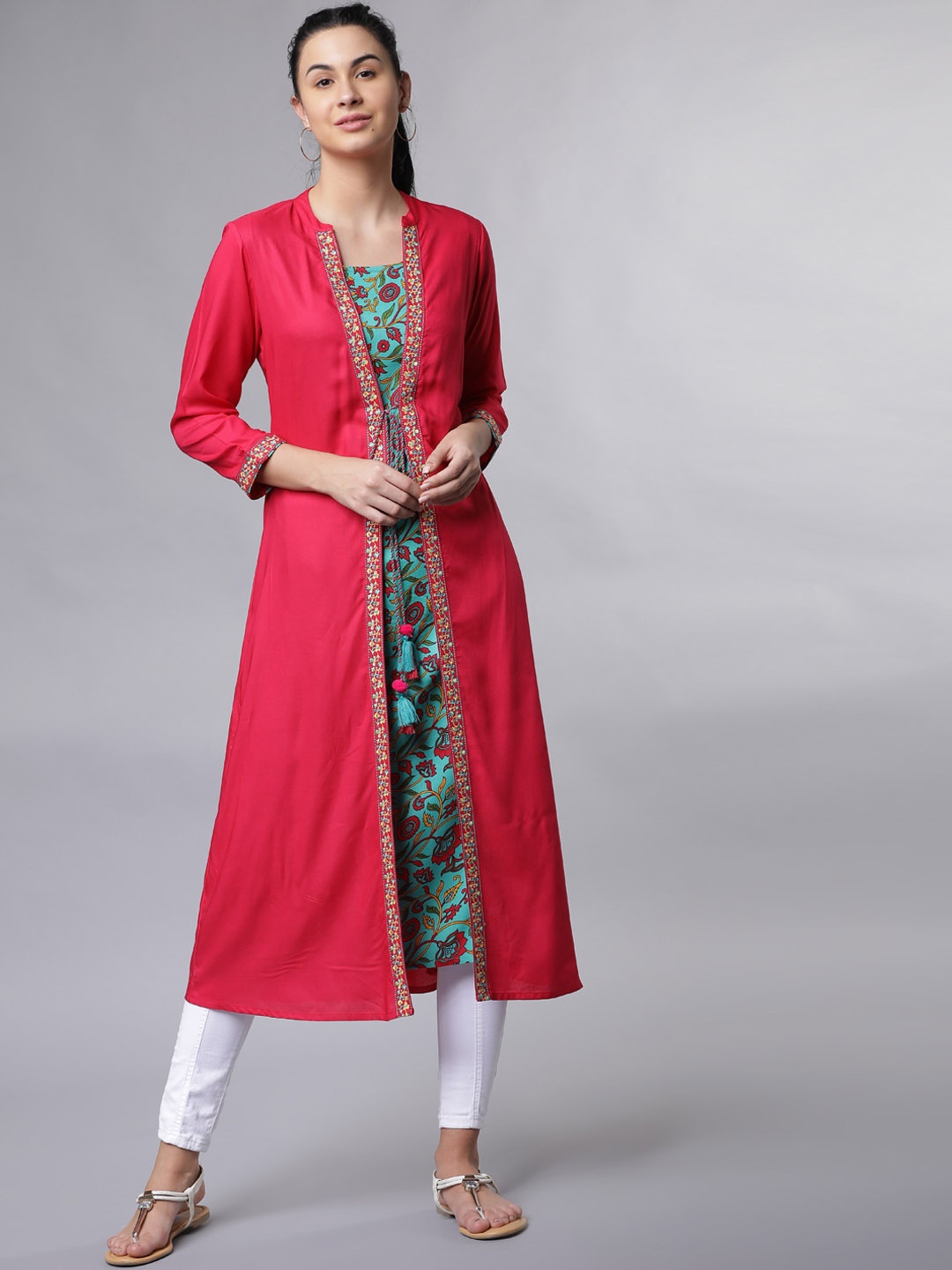 Vishudh Women Pink & Sea Green Solid A-Line Kurta